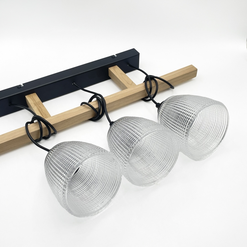 Lustră suspendată cu cablu LEANDRA, 3xE27/15W/230V, stejar/negru