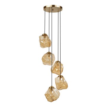 Lustră suspendată pe cablu CRISTAL, 5xE14/15W/230V, alamă/bej fumuriu