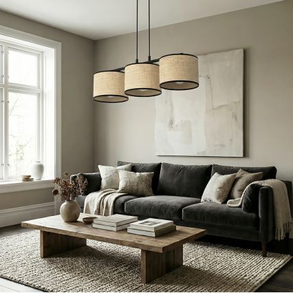 Lustră suspendată pe cablu ECO, 3x E27/15W/230V, bej/ratan