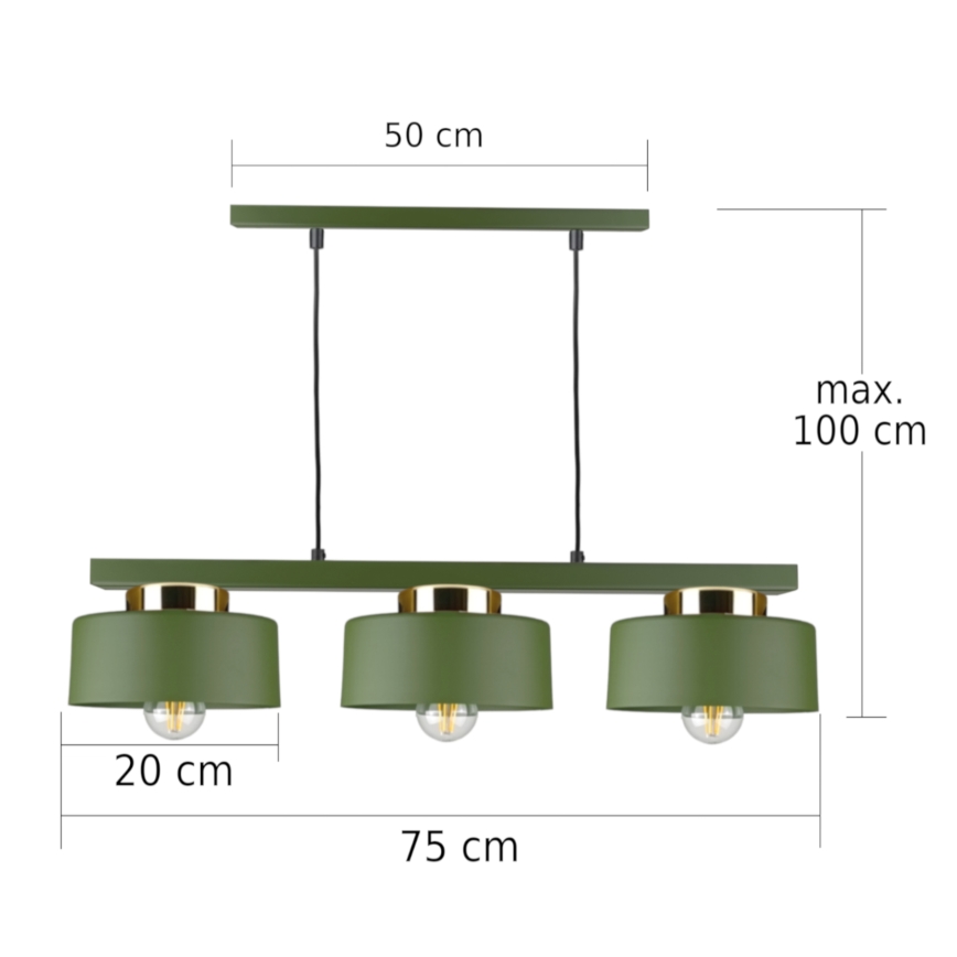 Lustră suspendată pe cablu IGNIA, 3 x E27, 60 W, 230 V, verde/auriu
