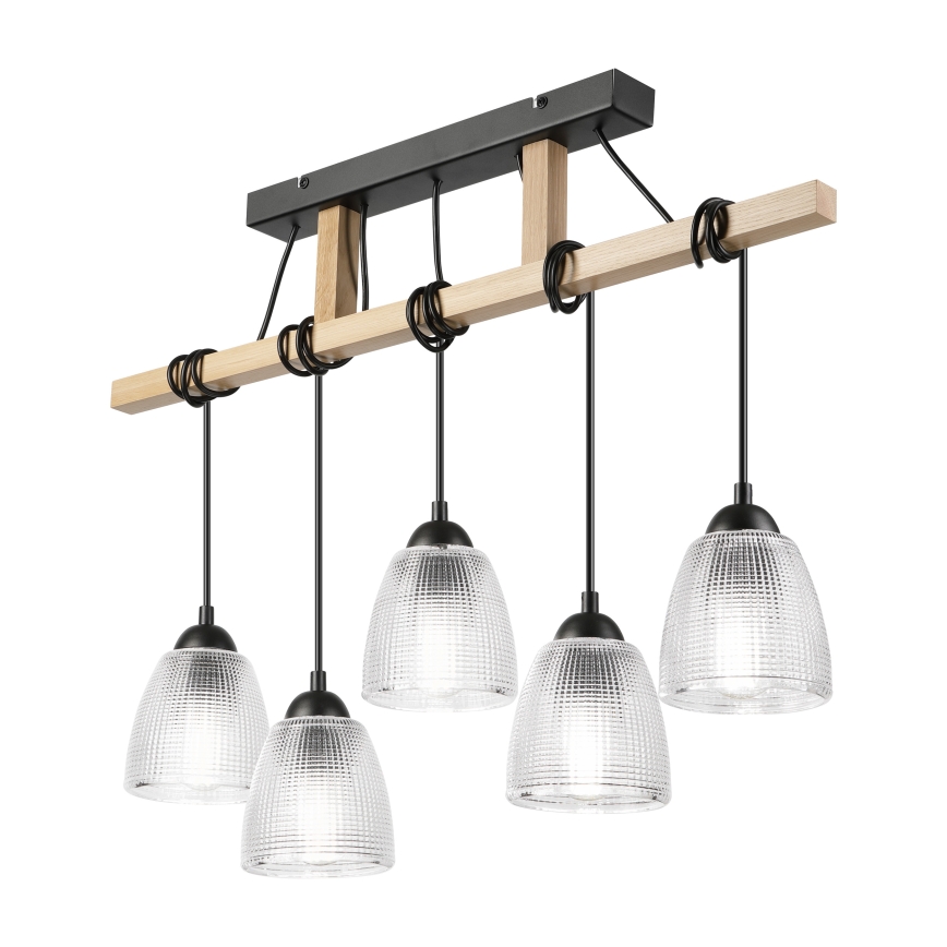 Lustră suspendată pe cablu LEANDRA, 5x E27, 15W, 230V, stejar/negru