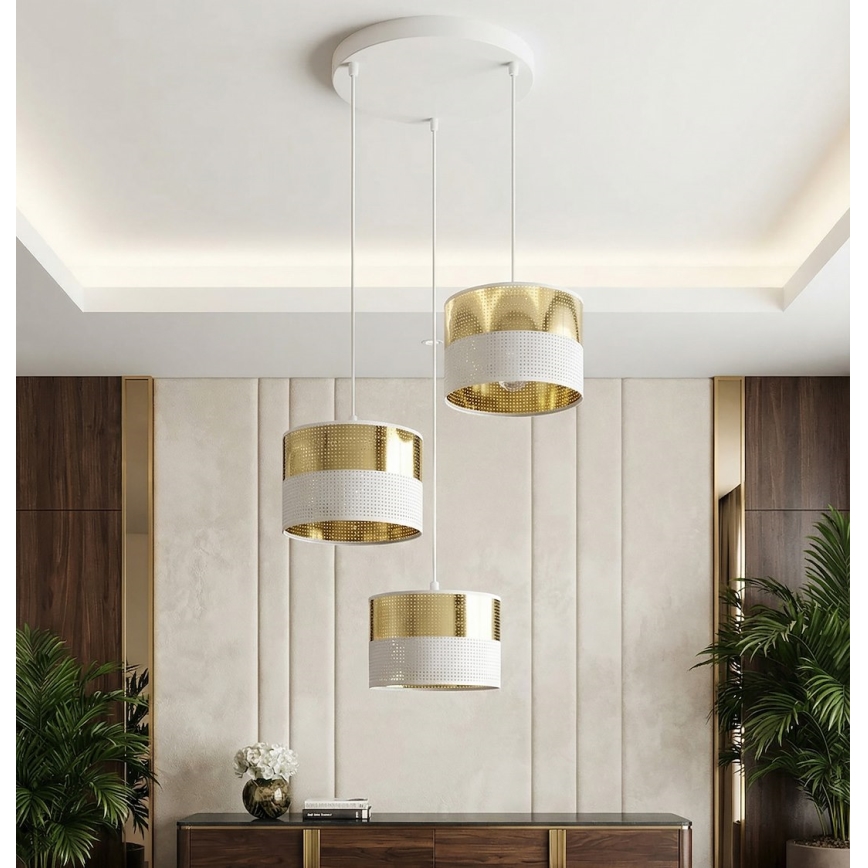 Lustră suspendată pe cablu LUX 3xE27/15W/230V alb/auriu