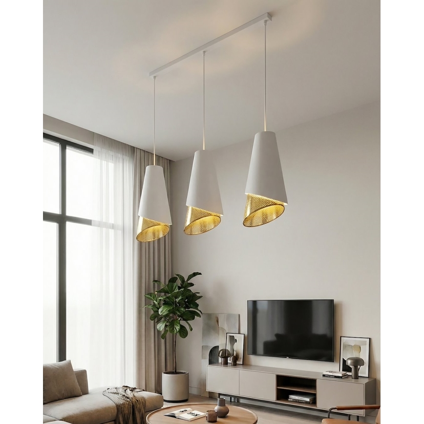 Lustră suspendată pe cablu MODA, 3x E27/15W/230V, alb/auriu