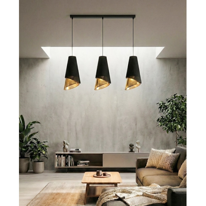 Lustră suspendată pe cablu MODA 3x E27, 15W, 230V, negru/auriu