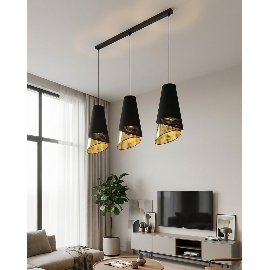 Lustră suspendată pe cablu MODA 3x E27, 15W, 230V, negru/auriu
