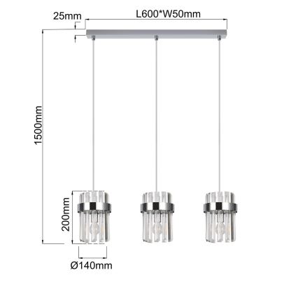 Lustră suspendată pe cablu VETRO, 3xE14/10W/230V, crom lucios