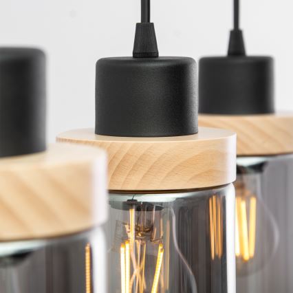Lustră suspendată pe cablu WOODNEST 3xE27/15W/230V pin/negru fumuriu