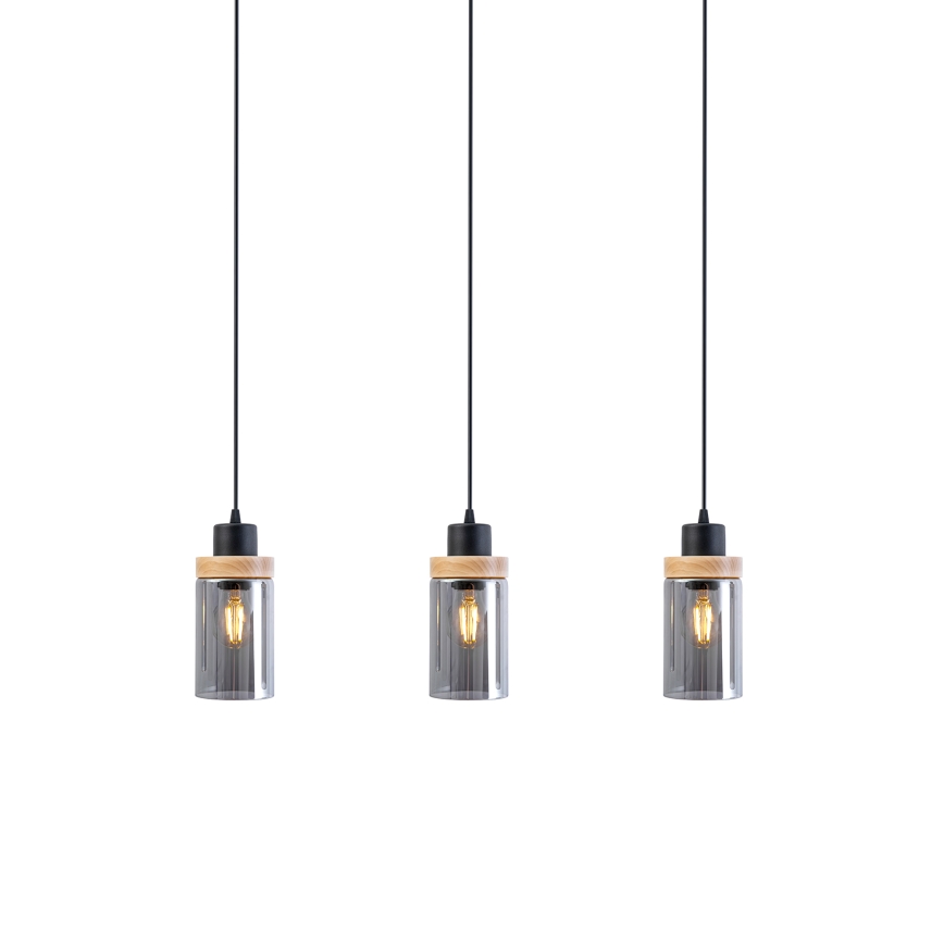 Lustră suspendată pe cablu WOODNEST 3xE27/15W/230V pin/negru fumuriu