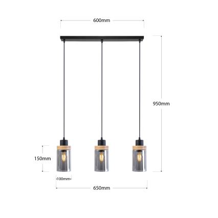 Lustră suspendată pe cablu WOODNEST 3xE27/15W/230V pin/negru fumuriu