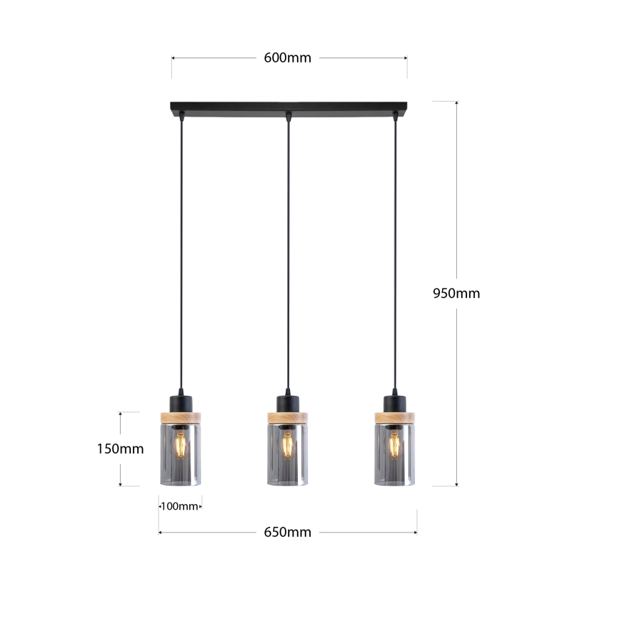 Lustră suspendată pe cablu WOODNEST 3xE27/15W/230V pin/negru fumuriu