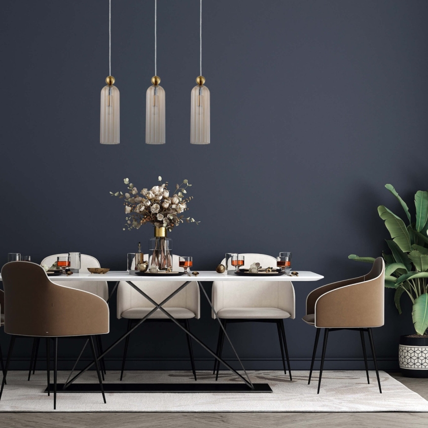 Lustră suspendată PIEGA pe cablu, 3xE14/40W/230V, alamă/bej fumuriu