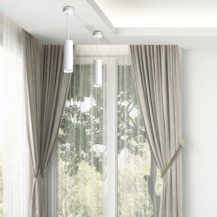 Lustră LED RGBW reglabilă pentru baie suspendată pe cablu TURYN 1xGU10/4,8W/230V 3000K IP44 albă + telecomandă
