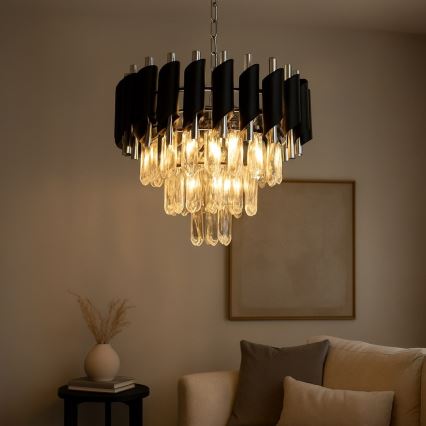 Lustru suspendat pe lanț CRISTAL 5xE14/10W/230V, diametru 38 cm, negru/crom mat