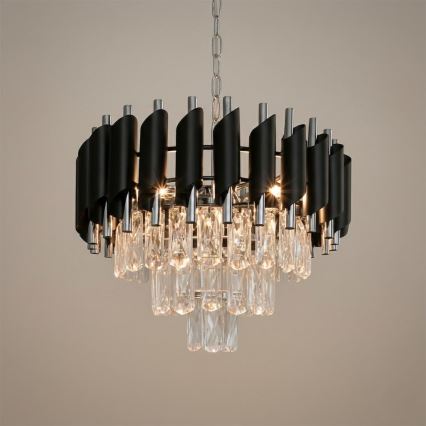 Lustru suspendat pe lanț CRISTAL 5xE14/10W/230V, diametru 38 cm, negru/crom mat