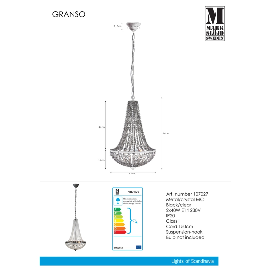 Markslöjd 107027 - Lustră de cristal dimmabilă pe lanț GRÄNSÖ 2xE14/40W/230V