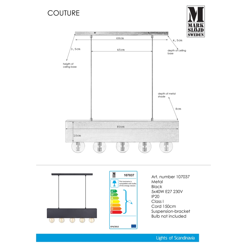 Markslöjd 107037 - Lustră pe cablu COUTURE 5xE27/40W/230V negru