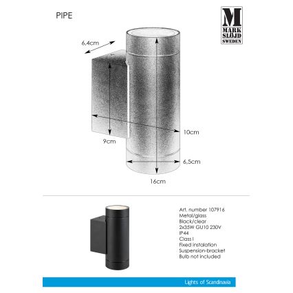 Markslöjd 107916 - Aplică perete exterior PIPE 2xGU10/35W/230V IP44