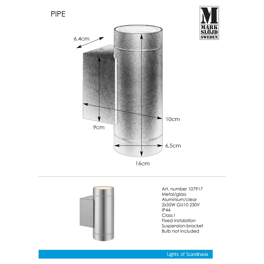 Markslöjd 107917 - Aplică perete exterior PIPE 2xGU10/35W/230V IP44