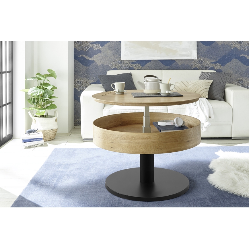 Masă de cafea ELEMENT cu blat rabatabil, diametru 75 cm, finisaj stejar/negru