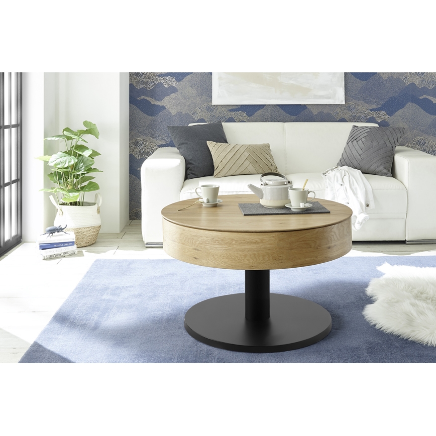 Masă de cafea ELEMENT cu blat rabatabil, diametru 75 cm, finisaj stejar/negru