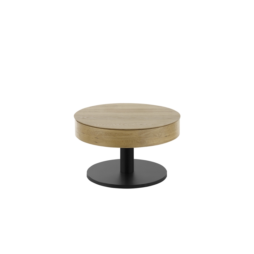 Masă de cafea ELEMENT cu blat rabatabil, diametru 75 cm, finisaj stejar/negru