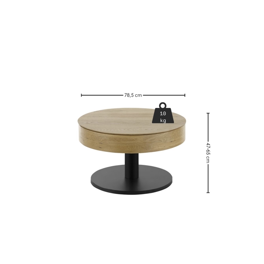 Masă de cafea ELEMENT cu blat rabatabil, diametru 75 cm, finisaj stejar/negru