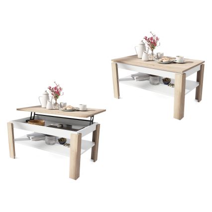 Masă de cafea extensibilă ADEN, cu blat rabatabil și poliță, stejar sonoma/alb