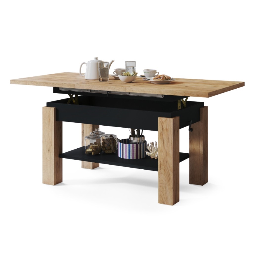 Masă de cafea extensibilă ADONIS cu poliță, 110/150 x 68 cm, stejar craft/negru