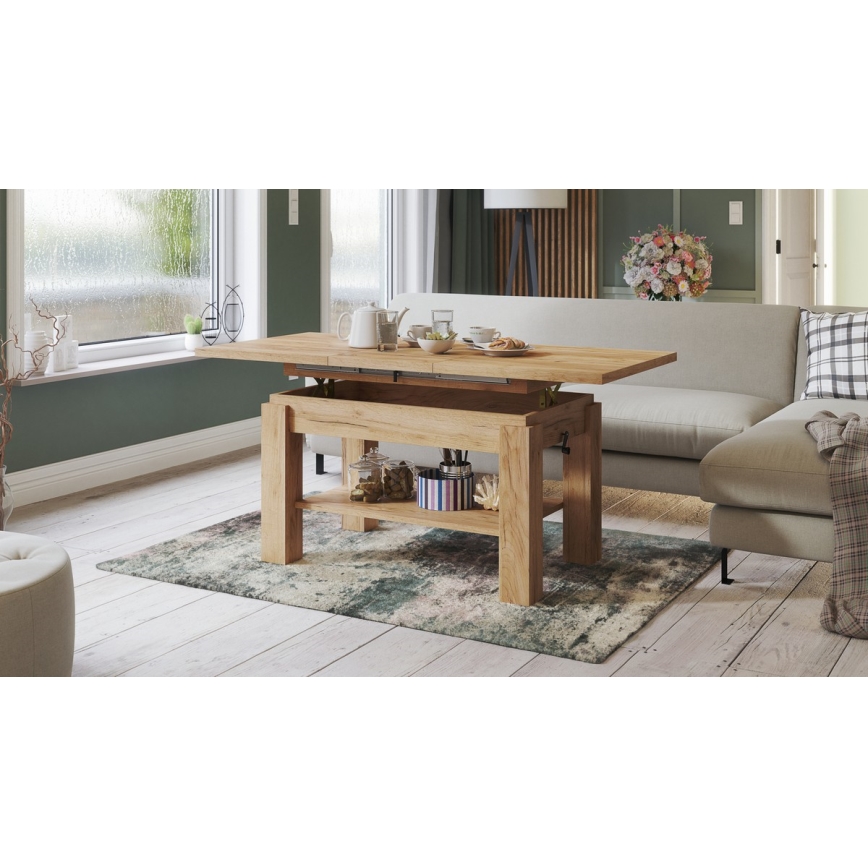 Masă de cafea extensibilă ADONIS cu poliță, 110/150x68 cm, stejar craft
