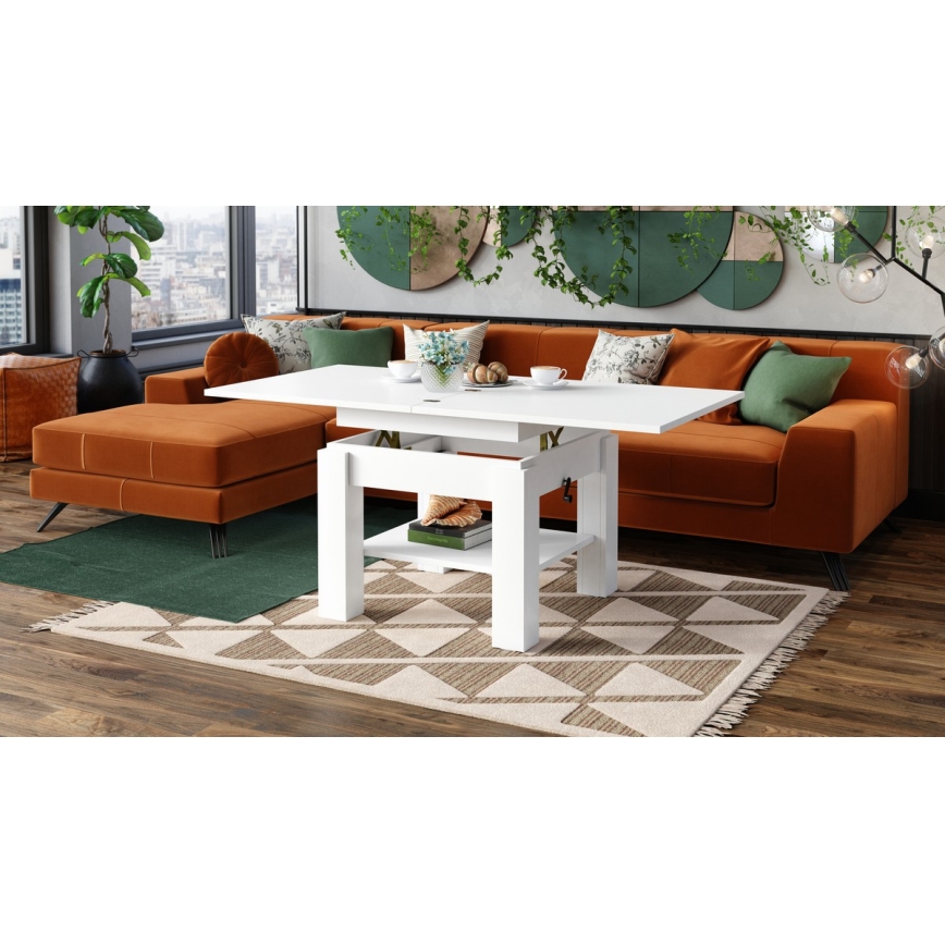 Masă de cafea extensibilă CALEB cu blat cu mecanism de ridicare 75/150x75 cm, albă