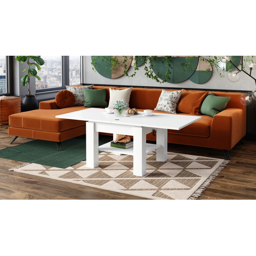 Masă de cafea extensibilă CALEB cu blat cu mecanism de ridicare 75/150x75 cm, albă