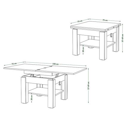 Masă de cafea extensibilă CALEB cu blat cu mecanism de ridicare 75/150x75 cm, albă
