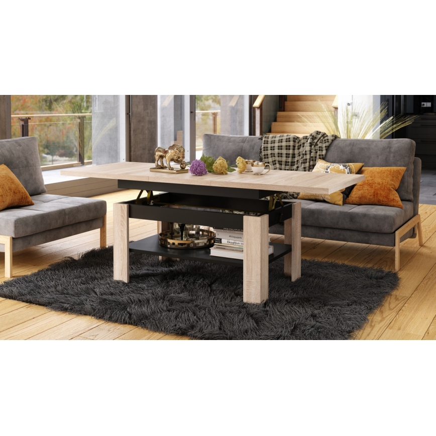 Masă de cafea extensibilă cu blat rabatabil ROY 130/170x65 cm stejar Sonoma/negru