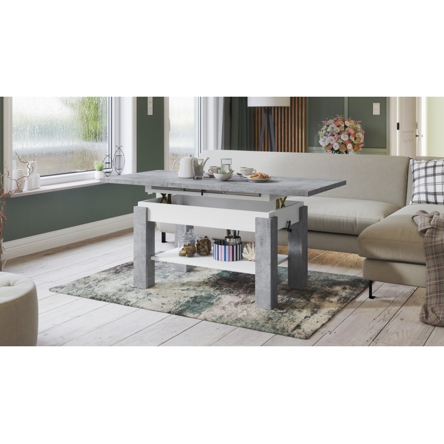 Masă de cafea extensibilă cu poliță ADONIS 110/150x68 cm gri beton/alb