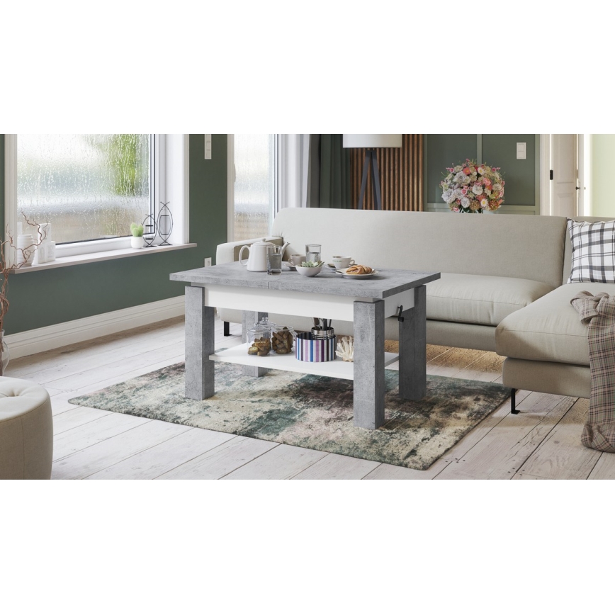 Masă de cafea extensibilă cu poliță ADONIS 110/150x68 cm gri beton/alb
