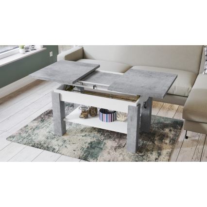 Masă de cafea extensibilă cu poliță ADONIS 110/150x68 cm gri beton/alb