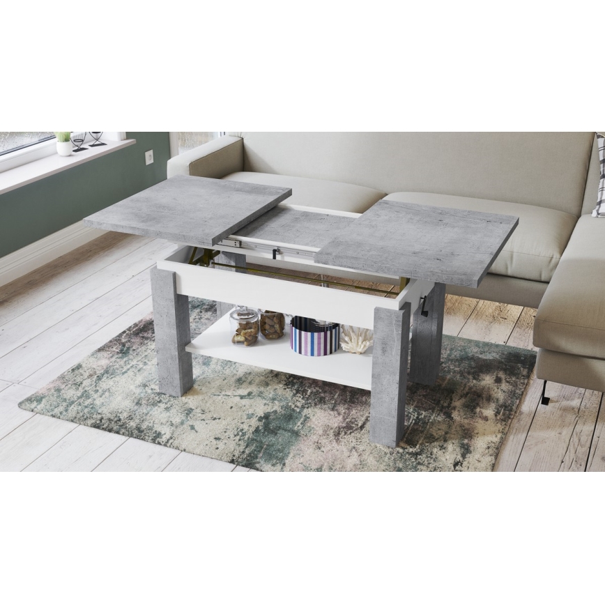 Masă de cafea extensibilă cu poliță ADONIS 110/150x68 cm gri beton/alb
