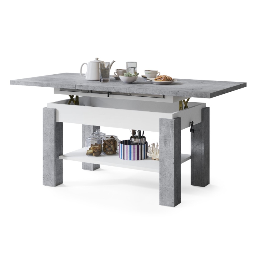 Masă de cafea extensibilă cu poliță ADONIS 110/150x68 cm gri beton/alb