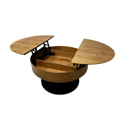 Masă de cafea extensibilă PURE cu blat elevabil, diametru 80 cm, stejar/negru