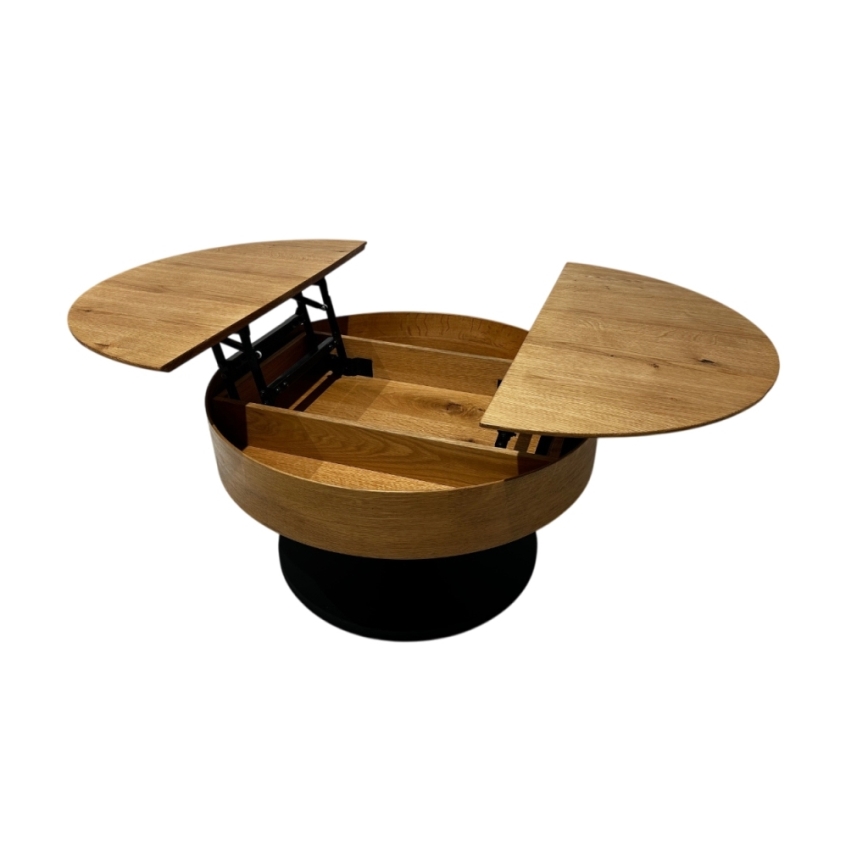 Masă de cafea extensibilă PURE cu blat elevabil, diametru 80 cm, stejar/negru