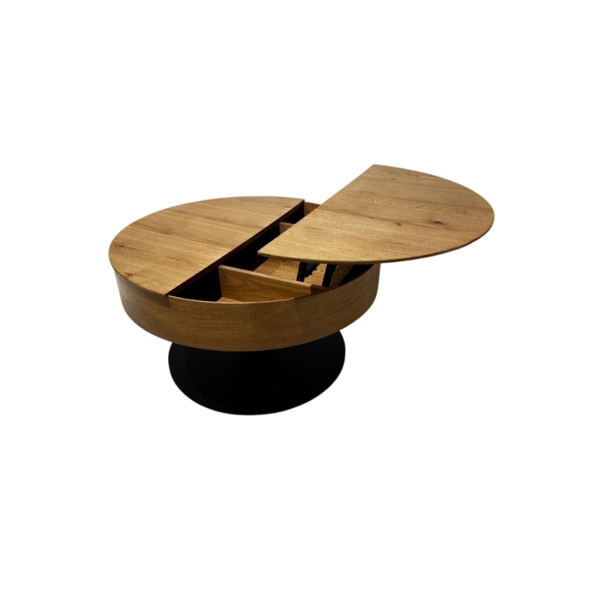 Masă de cafea extensibilă PURE cu blat elevabil, diametru 80 cm, stejar/negru