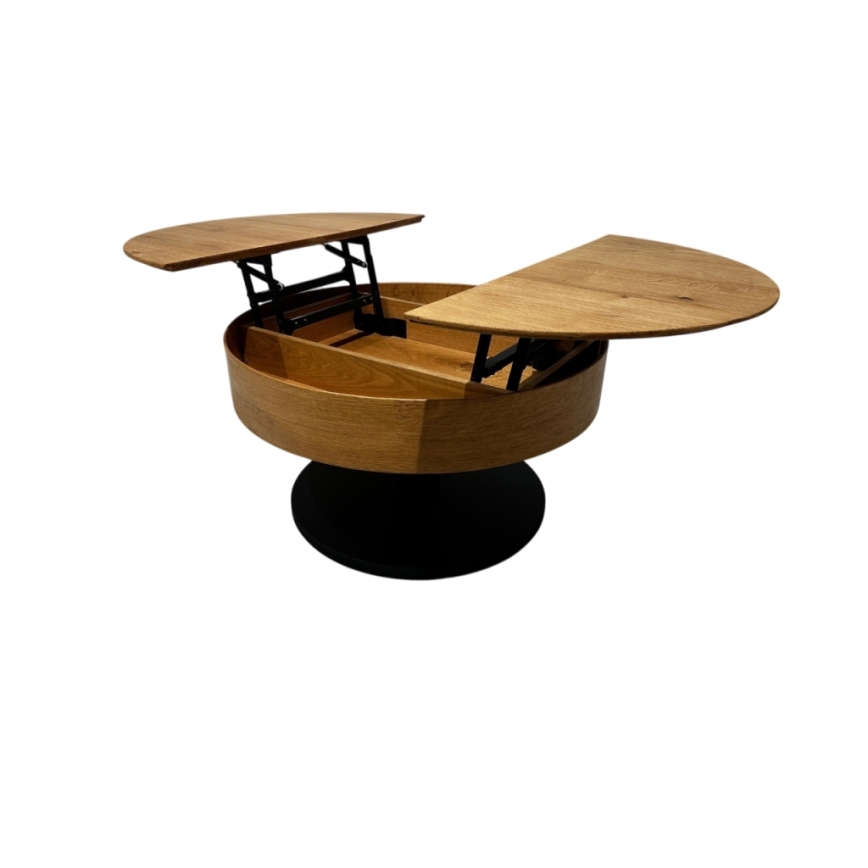 Masă de cafea extensibilă PURE cu blat elevabil, diametru 80 cm, stejar/negru