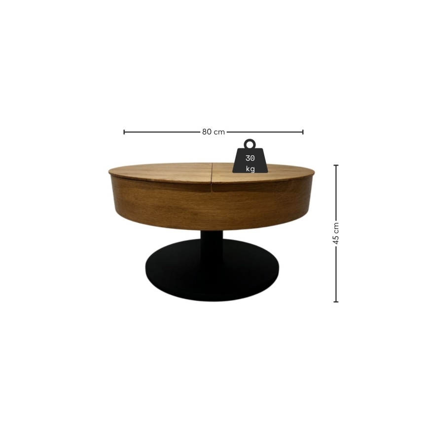 Masă de cafea extensibilă PURE cu blat elevabil, diametru 80 cm, stejar/negru