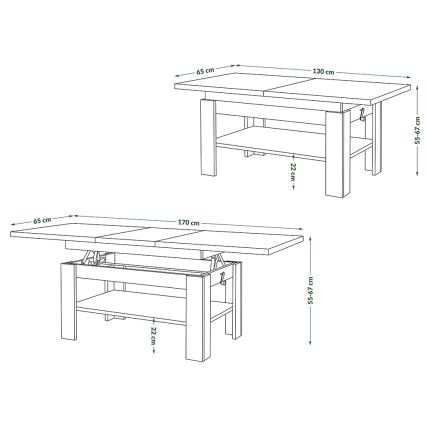 Masă de cafea extensibilă ROY, blat cu ridicare, 130/170x65 cm, albă