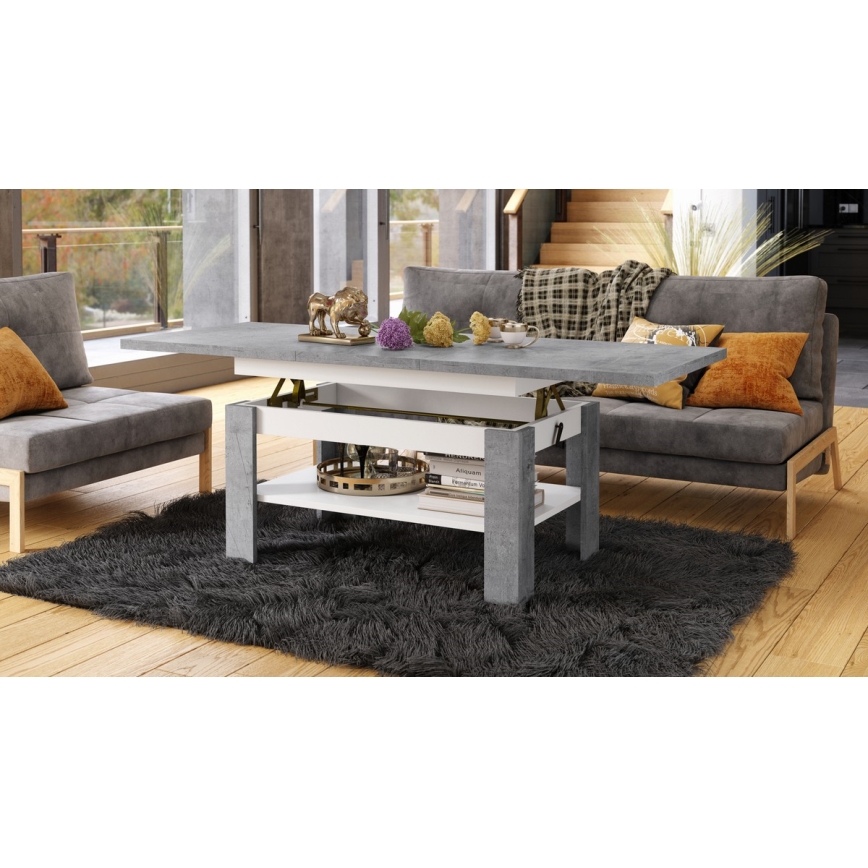 Masă de cafea extensibilă ROY cu blat cu mecanism de ridicare, 130/170x65 cm, gri beton/alb