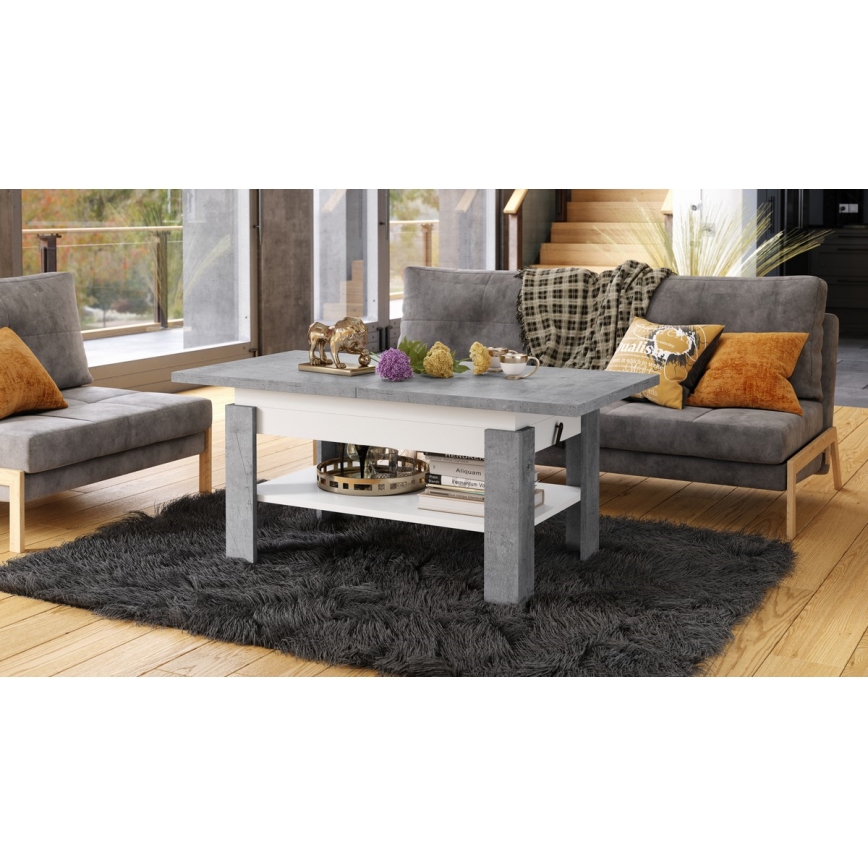 Masă de cafea extensibilă ROY cu blat cu mecanism de ridicare, 130/170x65 cm, gri beton/alb