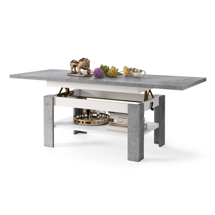 Masă de cafea extensibilă ROY cu blat cu mecanism de ridicare, 130/170x65 cm, gri beton/alb