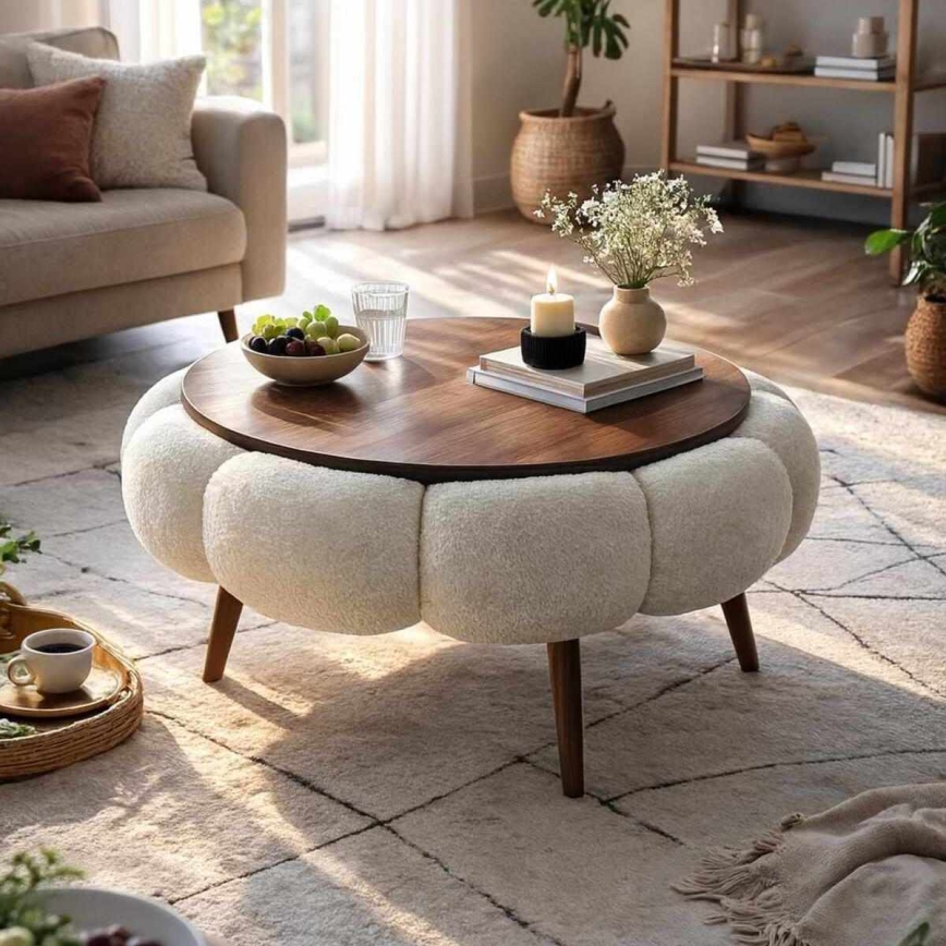 Masă de cafea FELPO, Ø 60 cm, crem/nuc