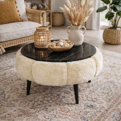 Masă de cafea FELPO, Ø 60 cm, negru/crem/decor marmură
