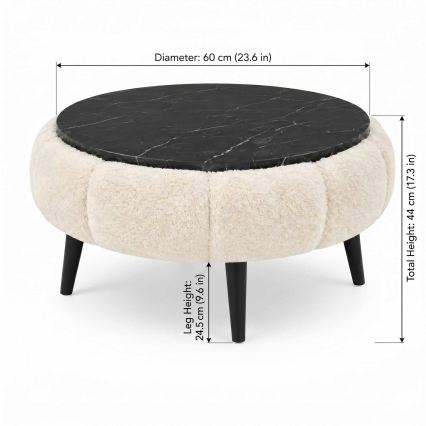 Masă de cafea FELPO, Ø 60 cm, negru/crem/decor marmură